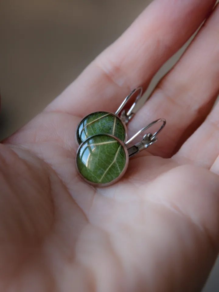 Green leaf earrings. Real leaves resin jewelry