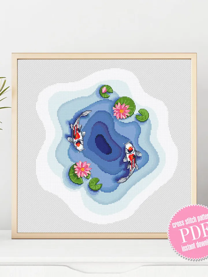 Koi pond cross stitch pattern download PDF, Koi fish cross stitch chart, Fish embroidery design, Oriental decor Water lily cross stitch #L45