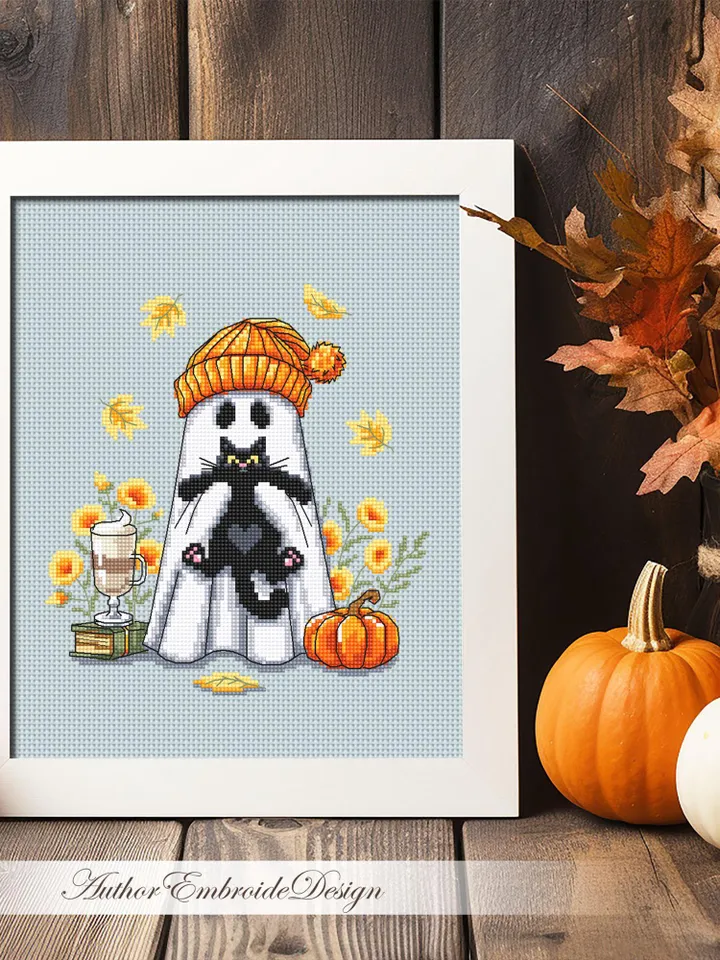 Cute ghost with black cat cross stitch pattern PDF download Set of 3 ghost cross stitch chart Halloween pattern digital PDF Fall leaves #H91