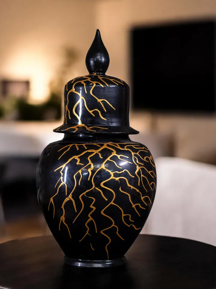Handmade Large Jar with Lightning-Inspired Gold Accents | 45 cm Decorative Art Object, Home Decor