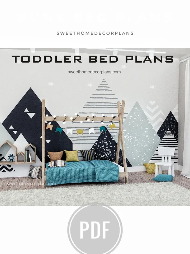 Diy teepee bed plans pdf. Toddler bed plans. Wooden montessori teepee bed for kids bedroom. Crib size kids floor frame bed plans.