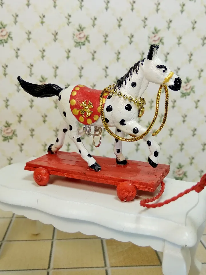 Horse on a cart. Dollhouse toy.1:12 scale.