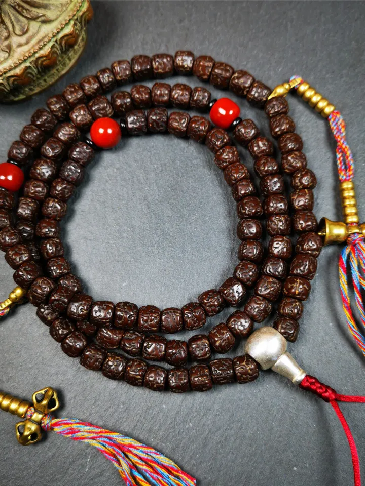 Gandhanra Old Tibetan 108 Rudraksha Mala,Prayer Beads Necklace,Rosary Beads for Meditation,Diameter 0.32", Circumference 30"