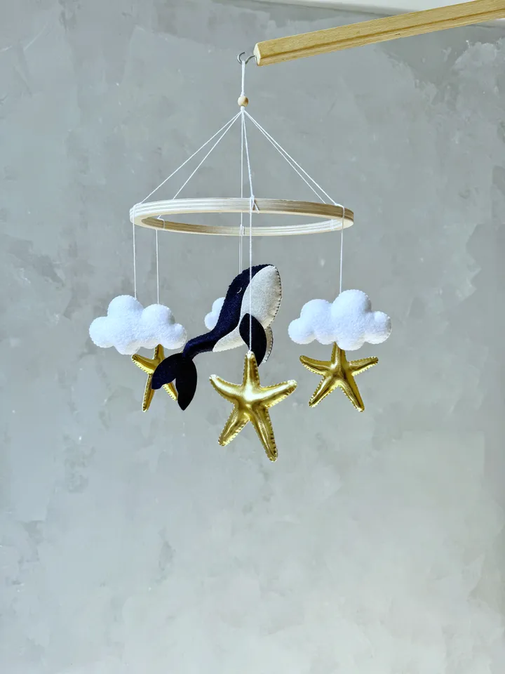 Whale baby mobile golden stars Ocean crib mobile minimalistic