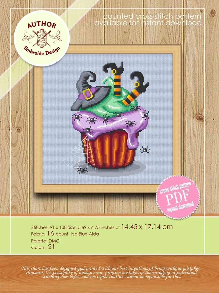 Halloween cupcake cross stitch pattern download PDF Witch cross stitch Dessert Beginner stitch Cute Halloween embroidery Sweet food #H15