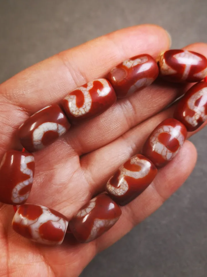 Gandhanra Old Tibetan Dzi Bead Bracelet, Fire Agate Beads Bracelet,Mixed Swastika,Vase,Lotus,Tiger Tooth,and Phum Dzi Beads