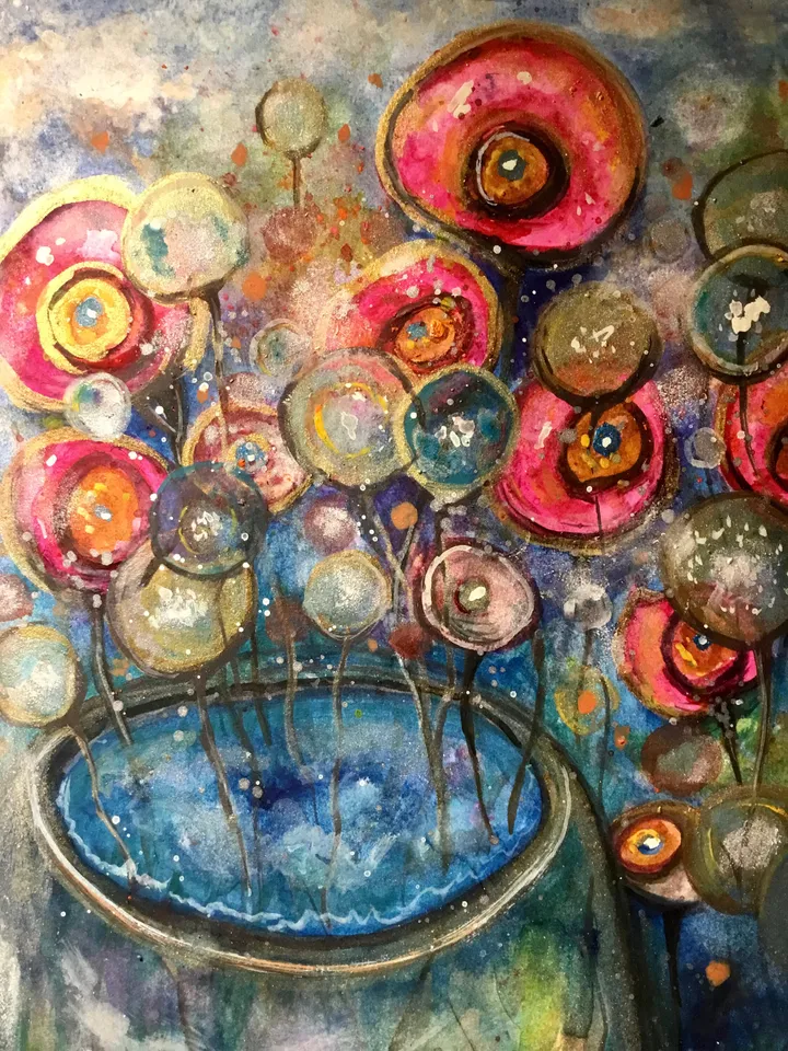 Foreign gardens-original watercolour mix media painting,fantasy flowers wall art,floral landscape,wall decoration,unique gift.