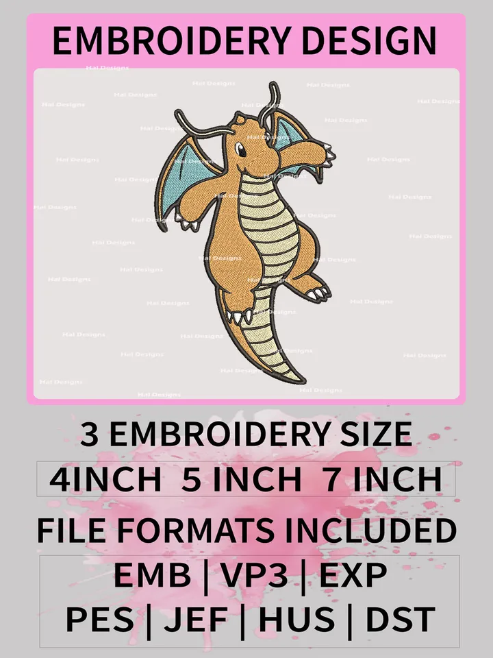 Pokemon Dragonite Embroidery Design, Pokemon Dmbroidery, Anime Design, Embroidery file, Digital download