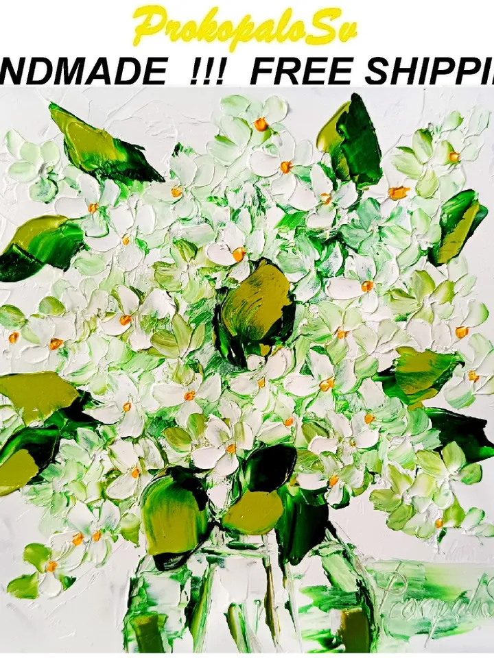 Lime Cream Painting Lilac Original Art Flower Floral Painting Monochrome Art Impasto Oil Painting Lilac Small Wall Art by ArtProkopaloSv