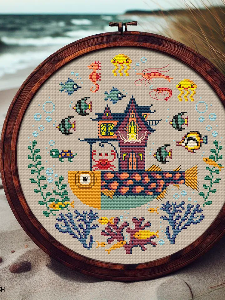 Underwater mansion cross stitch pattern