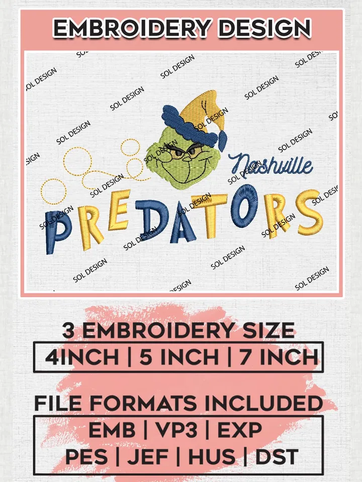 Grinch Nashville Predators Embroidery Designs, Grinch Christmas Embroidery Files, NHL Predators Machine Embroidery Designs, NHL Nashville Predators Logo, NHL Christmas Machine Embroidery Design, Digital Download