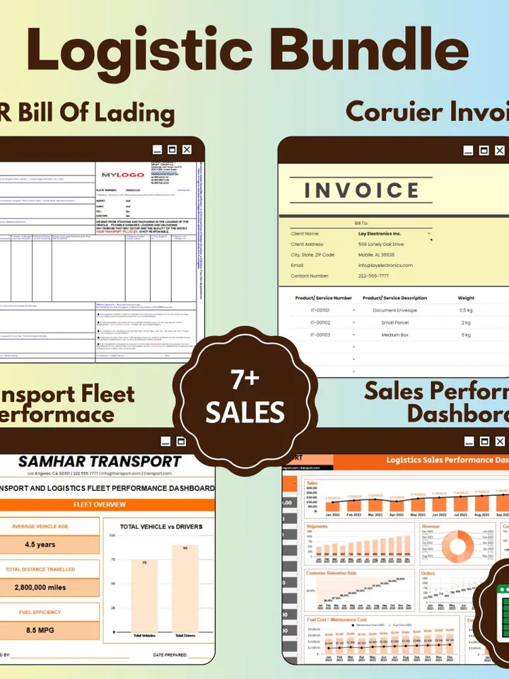 Complete Logistics and Transport Bundle | CMR Bill of Lading, Courier Invoice, Fleet Performance Tracker, Sales Dashboard | Google Sheets