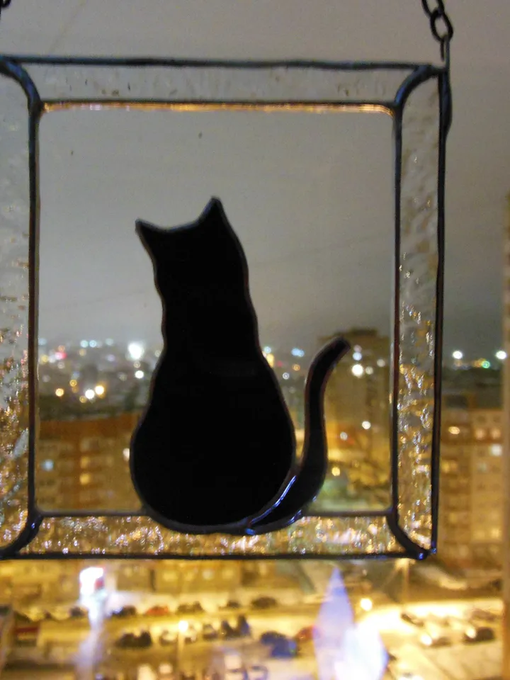 Black Cat in Frame Stained glass window hanging Suncatcher . Gift for animal lover, pet loss memorial .