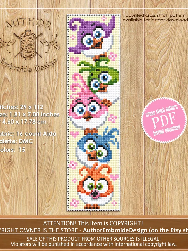 Bird bookmark cross stitch pattern PDF download Funny birds cross stitch chart, Cute bookmark pattern digital PDF, Bird lover gift #B419