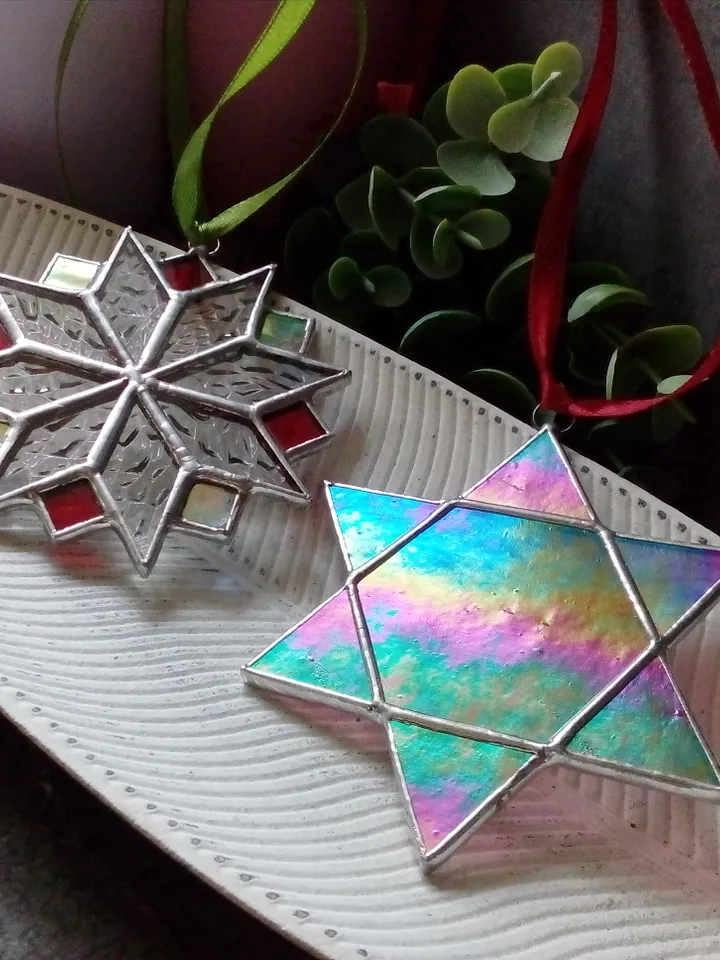 Set of 2 snowflake suncatchers, christmas ornaments, simple stained glass, Christmas decorations, Xmas tree star