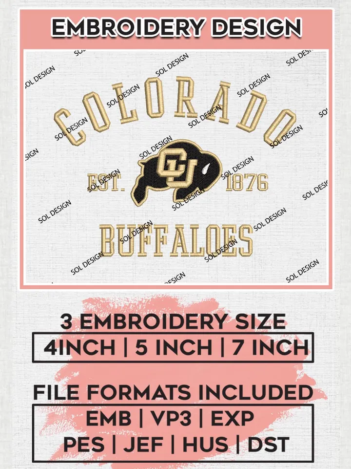 Colorado Buffaloes Est 1876 Logo Embroidery Designs, NCAA Colorado Buffaloes Team Embroidery, NCAA Team Logo, 3 sizes, Machine embroidery Files, Digital Download