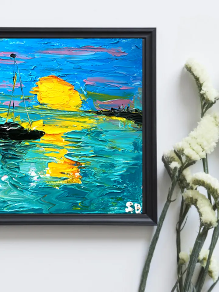 Sunset Sea Boat Original Art by SerjBond