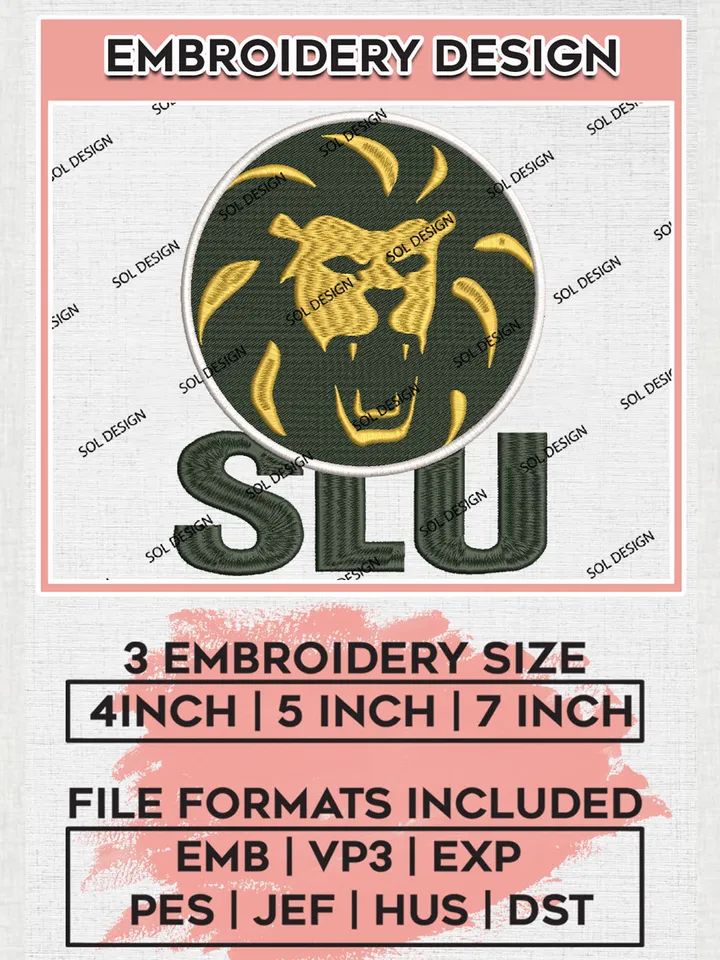 SLU Lions Football Team Head Mascot Logo Embroidery Design Files, NCAA SE Louisiana Lions Machine Embroidery, NCAA Teams, Game Day, 3 sizes, NCAA Machine embroidery designs, Digital Download