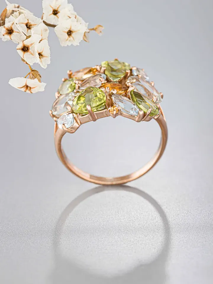 Ring made of 925 silver with gold plating with natural green amethyst, chrysolite, citrine and topaz Sky