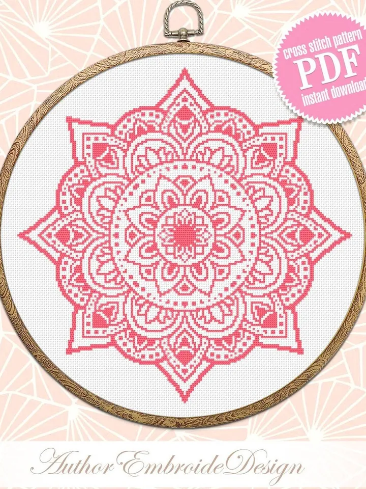 Flower mandala cross stitch pattern PDF download, Floral mandala pattern digital PDF, Mandala ornament cross stitch chart, Home decor #M238