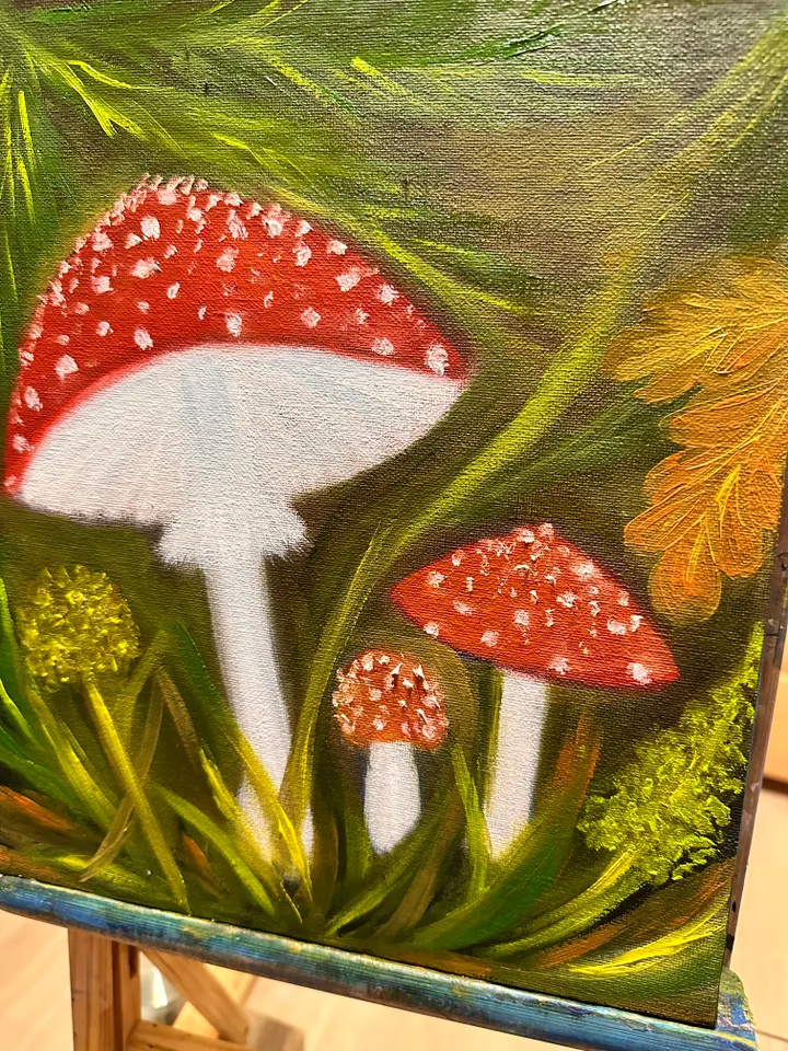 Oil Painting Fly Agaric Mushrooms Mushroom Art Forest Landscape Nature Stretched Canvas 12x10 inches 30x25 cm Wall Decor New Unframed