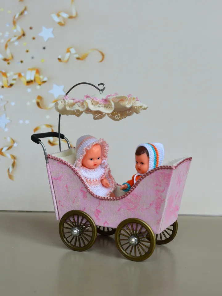 Miniature toy stroller for two small dolls. Handmade miniature stroller for small dolls. Stroller for dolls 2,76"(7 cm.)