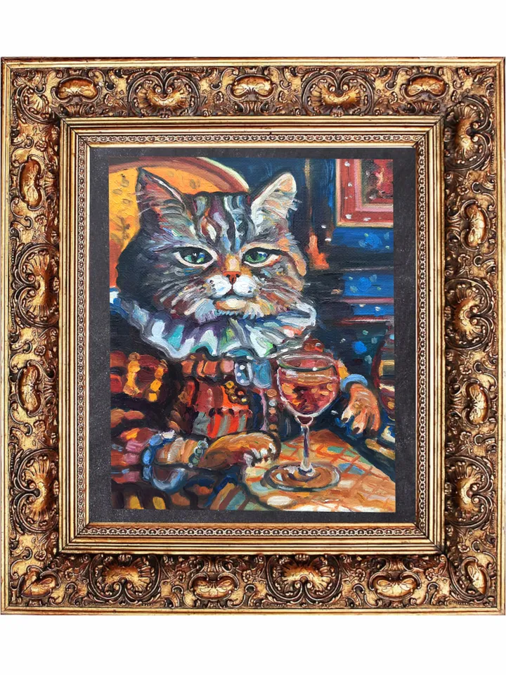 Funny Cat grey with a glass Oil Painting Impasto Artwork Oil on canvas 8*6 inc
