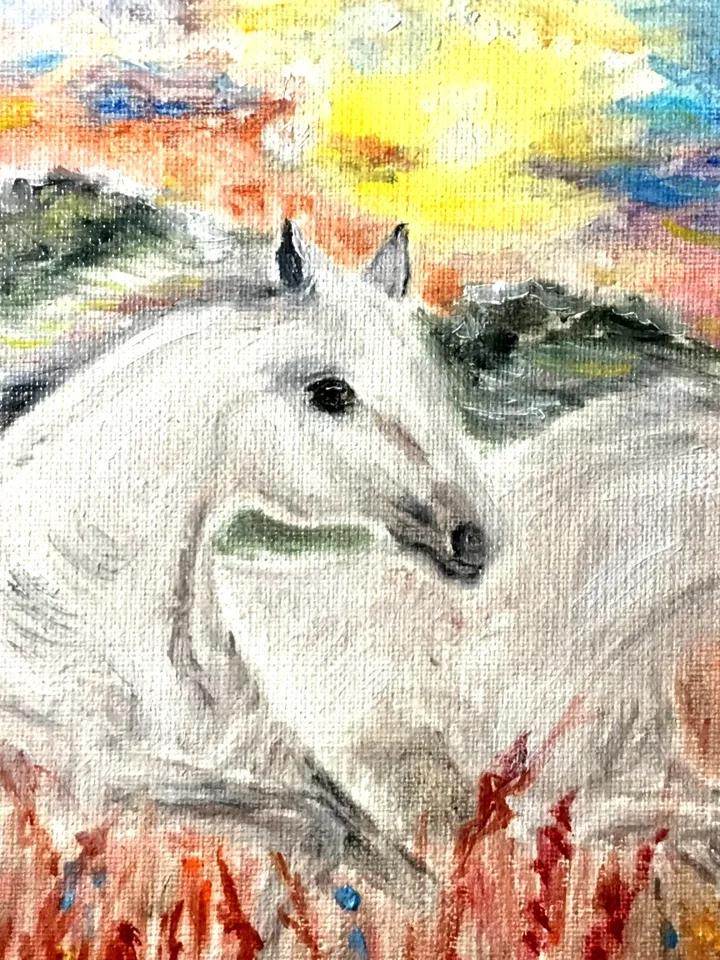 Horses painting,White Horses running in the field on sunset,original oil painting on stretched canvas.