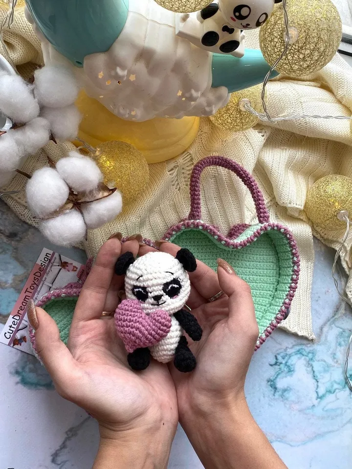 PDF Crochet Pattern Panda in Bag-Heart, Small Toy Pattern, Animal Pattern, Amigurumi bear pattern, TUTORIAL bear in Eng, Valentine's day