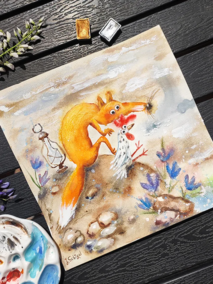 26×26cm Artwork by Julia Schigal "Fox and Chicken" - watercolor, gouache