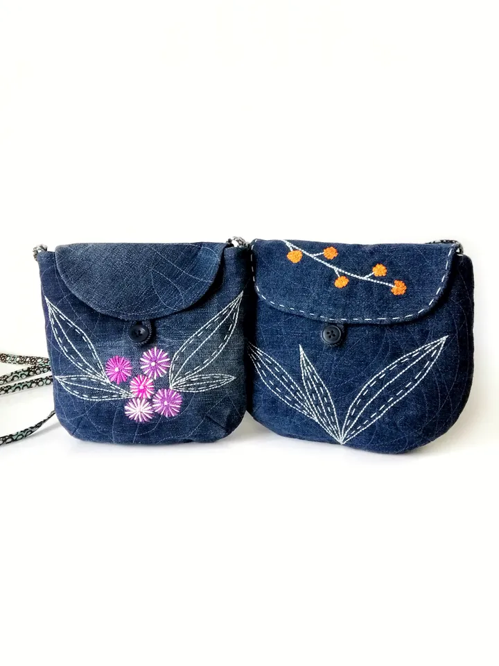 Boho Chic Mini Denim Crossbody Bags: Handmade Embroidered Shoulder Purses for Women, Floral Accents, Unique and Stylish. FREE SHIPPING!