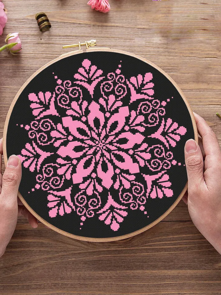 Easy mandala cross stitch pattern download PDF, Monochrome floral ornament cross stitch, Mandala pattern digital PDF, Beginner stitch #M91