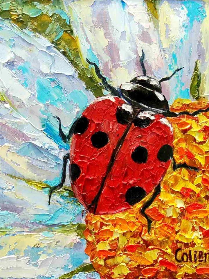 Ladybug Painting Daisy Original Art Animal Flower Painting Floral Small Art Insect Colorful Art 8" x 8" By Colibri Art
