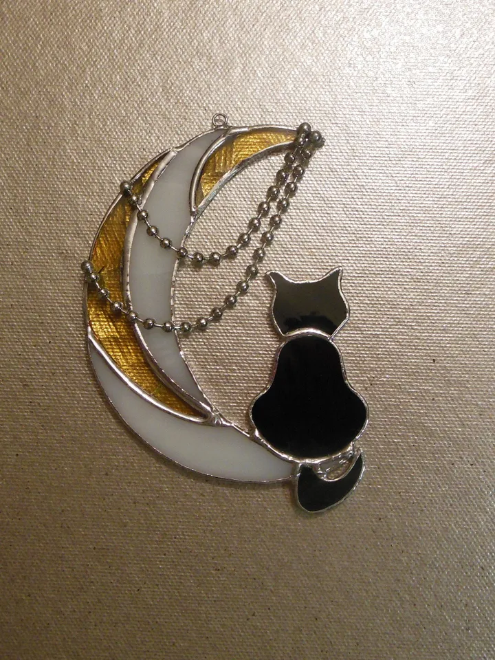 Black Cat On Moon with Chains . Art stained glass hanging Suncatcher . Gift for animal lover , pet loss memorial . White , yellow , black