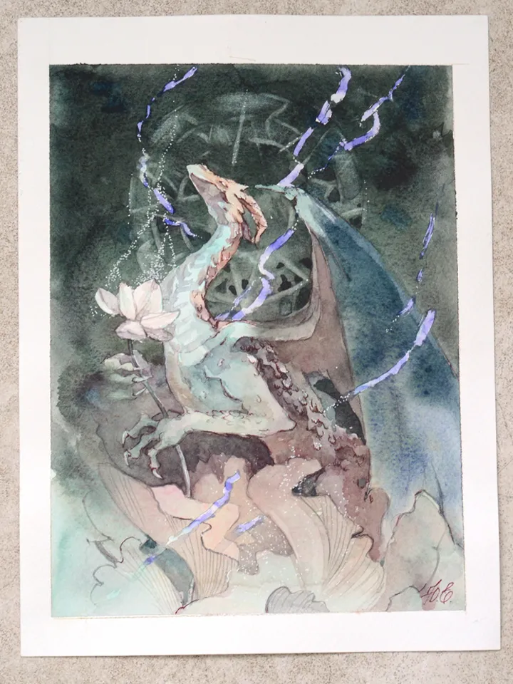 Lotus Dragon painting Original fantasy art by Yulia Evsyukova