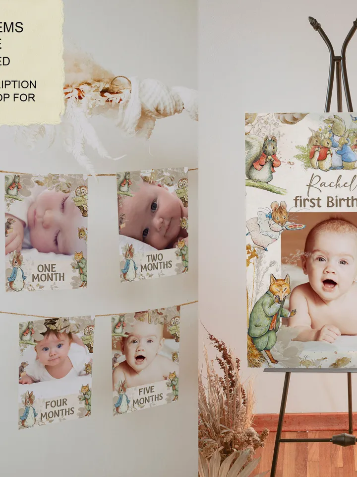 Editable Photo Banner one year garland Peter Rabbit First Birthday Photo Banner Garland; tale of Peter Rabbit Party; Instant Download; pr1
