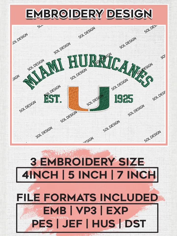 Miami Hurricanes Est 1925 Embroidery Designs, NCAA Miami Hurricanes Team Embroidery, NCAA Team Logo, 3 sizes, Machine embroidery Files, Digital Download