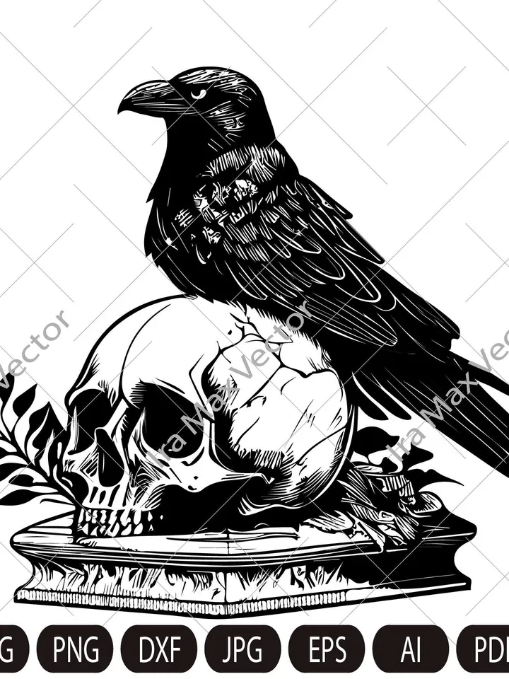 Raven on Skull SVG ,Skull Death, Black Crow Head Bone, Vintage Design, Gothic Art, Raven Print, Printing Clipart
