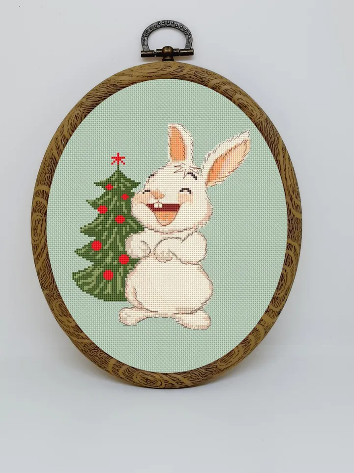Christmas bunny cross stitch pattern pdf, Rabbit embroidery DIY