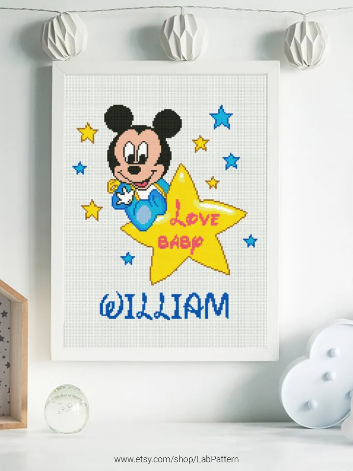 Mickey Birth announcement cross stitch pattern, Mouse, baby, personalized, boy nursery, counted, chart, gift DIY, embroidery, instant PDF