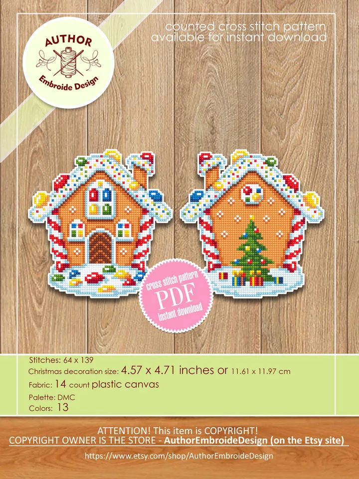 Christmas gingerbread house cross stitch pattern PDF download Double-sided Christmas tree decor for plastic canvas, Christmas ornament #N122