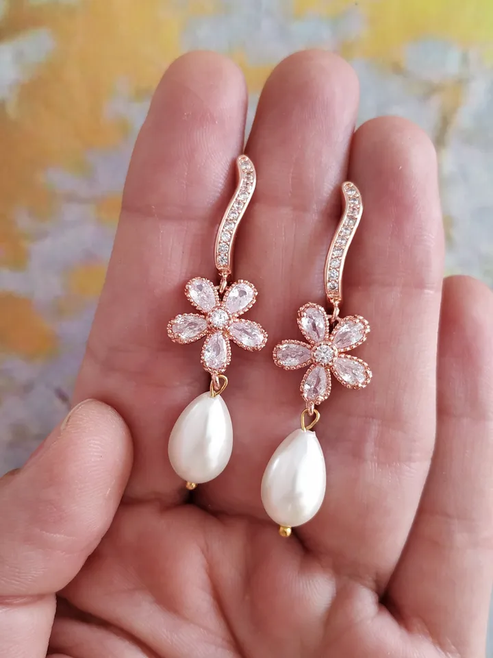 Diamond Rose Gold Floral Wedding Earrings, Teardrop Bridal Earrings, Vintage Style Wedding Jewelry, Chandelier Statement Earrings, Jewellery