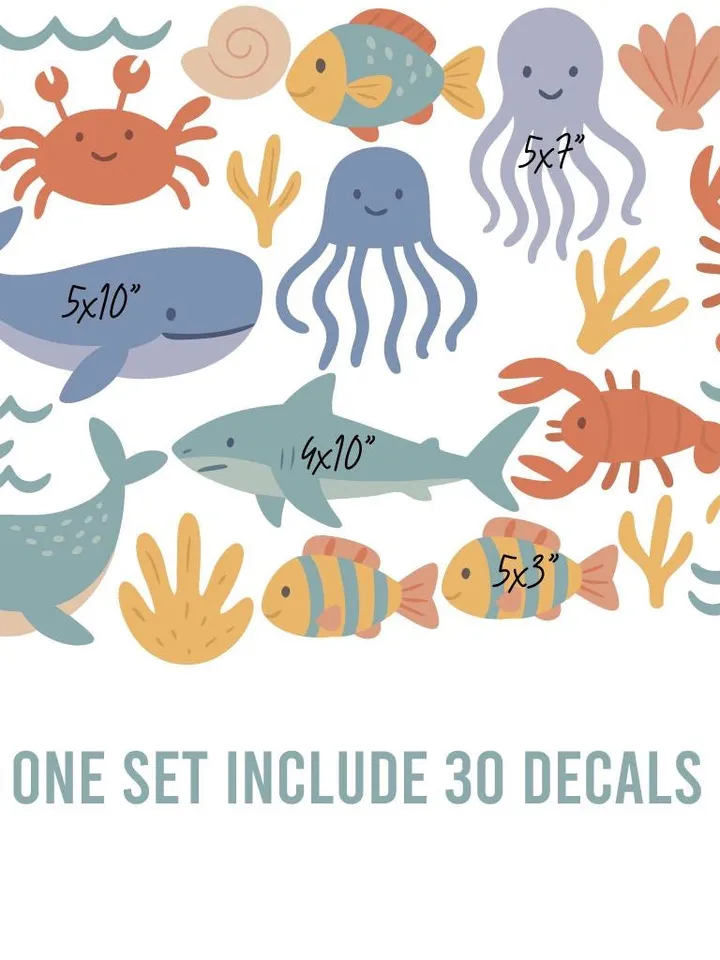 Ocean Animal Wall Decals – Watercolor Sea Life Stickers, Removable & Reusable Vinyl Art for Nursery, Kids Room, Bathroom Beach Decor z3340