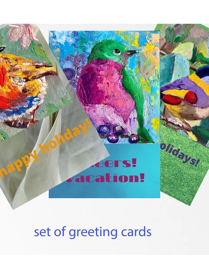 Set of greeting cards, Merry Christmas card, Digital download original art, Owl Goldfinch Robin, 5 cards, Holiday card