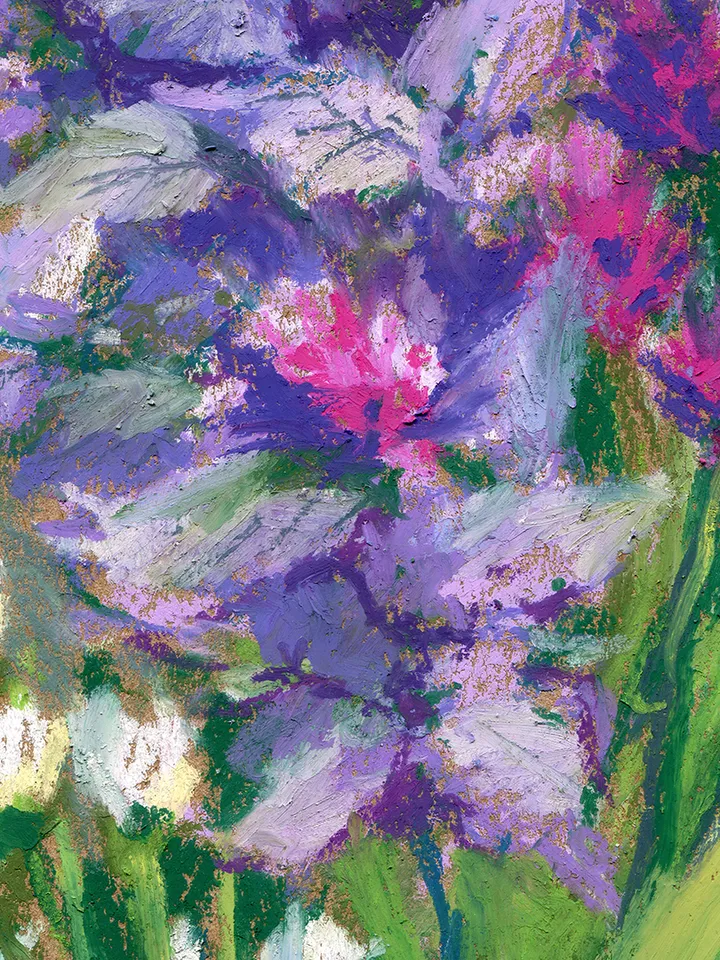Bouquet of flowers Mint Basil Aroma herbs Oil pastel drawing on A4 craft paper.