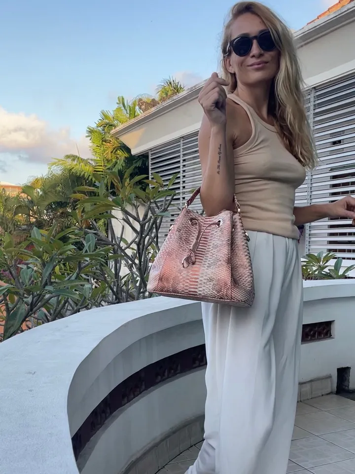Genuine python skin peachy gold bucket crosshandle bag designer women purse | classy elegant crossbody PAULA bag | exotic leather bags |