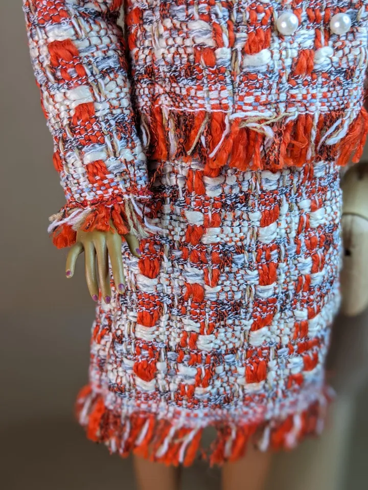 Handmade red & white bouclé suit with pearl clasps for 16-inch Fashion Royalty dolls (FR16)