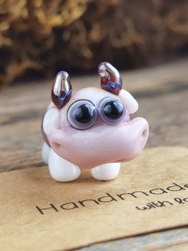 GLASS FIGURINES Cow figurine Glass cow Miniature cow tiny cow Tiny glass animals Farm animals Strawberry Dollhouse miniature Blown