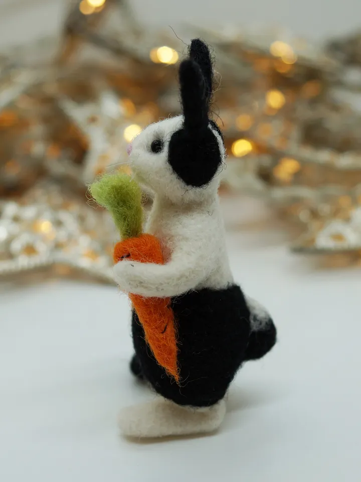 Bruno the rabbit, miniature needle felted black and white rabbit with a carrot, made to order