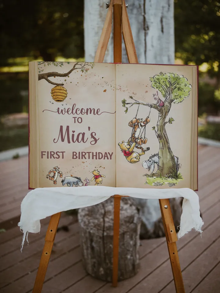 Editable Welcome banner Hundred Acre Wood First Birthday party banner; Winnie the Pooh Party; Classic Pooh Party Birthday Download; wp6